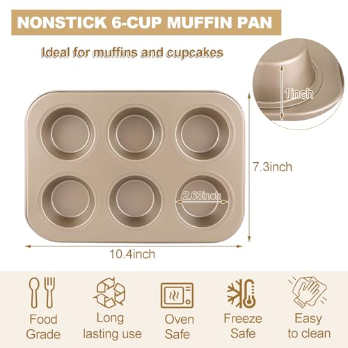 Gold Non-Stick Round 6-Cup Standard Muffin Baking Pan Set for Baking Muffins or Cupcakes, Professional Quality, Ideal fo